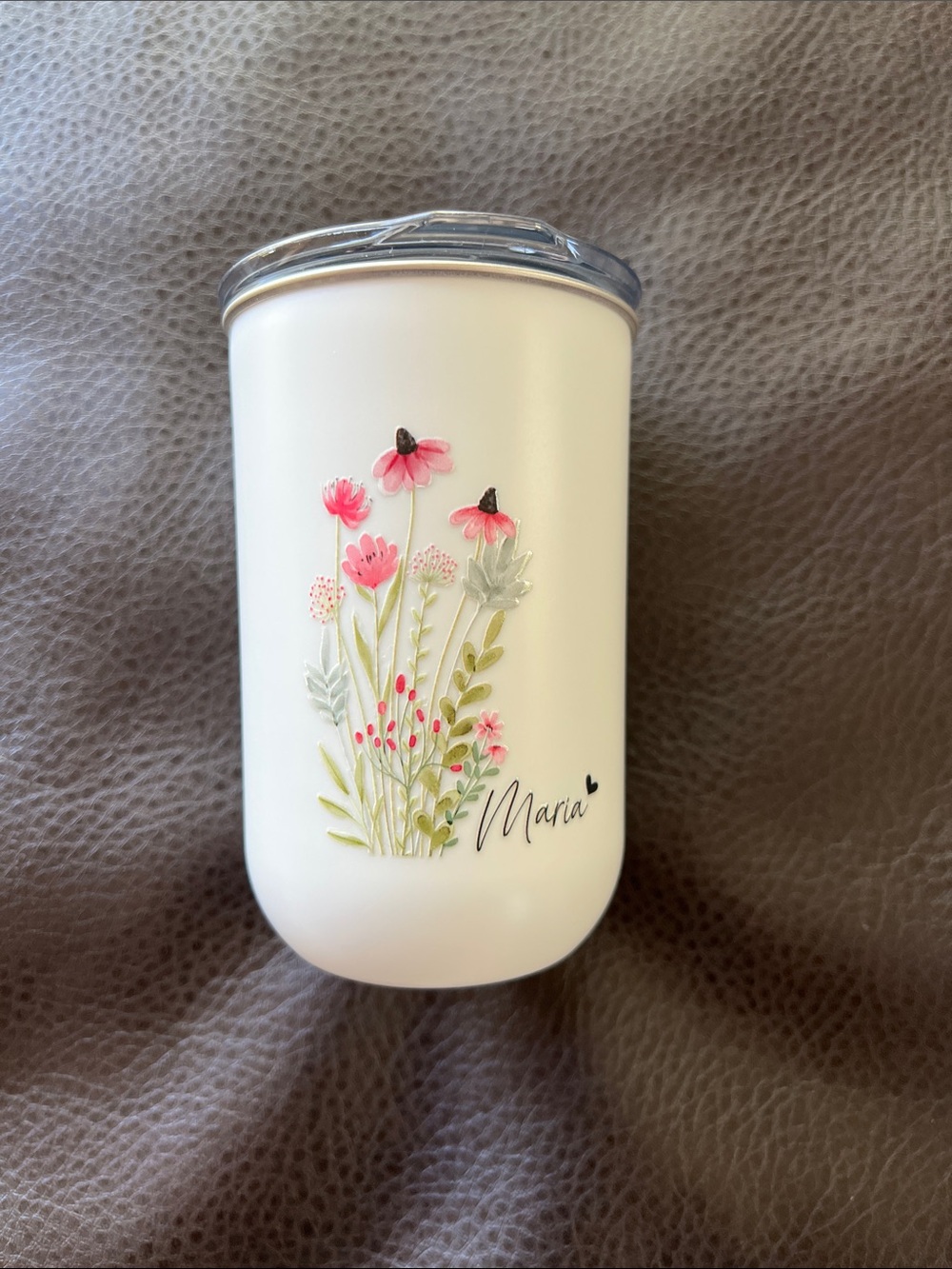 Personalized White Floral Travel Tumbler - Pink & Green